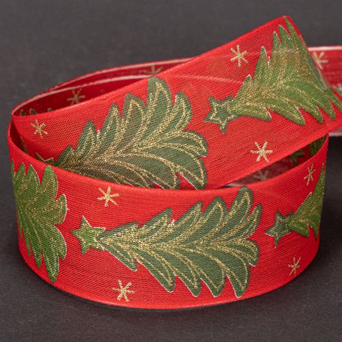 Ruban décoratif tissu sapins et étoiles 40mm 15m rouge, vert et doré | Floristik24.fr