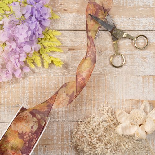 Ruban organza floral automnal 40 mm x 15 m – Tons violets, bruns et verts | Floristik24.fr