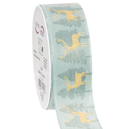 Ruban en tissu avec rennes et sapins dorés, bleu clair, 40 mm, 18 m