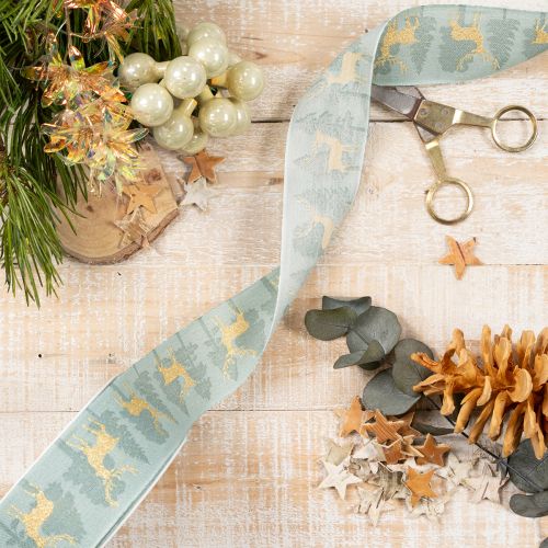 Ruban en tissu avec rennes et sapins dorés, bleu clair, 40 mm, 18 m | Floristik24.fr