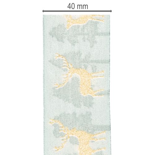 Ruban en tissu avec rennes et sapins dorés, bleu clair, 40 mm, 18 m | Floristik24.fr
