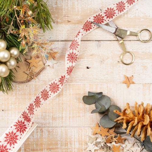 Ruban décoratif avec flocons de neige en coton, bordure métallique, blanc et rouge, 25 mm x 20 m, décoration et emballage cadeau | Floristik24.fr