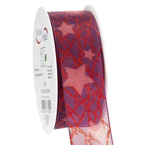 Ruban décoratif en organza avec étoiles scintillantes, 40 mm x 15 m, violet et rouge | Floristik24.fr