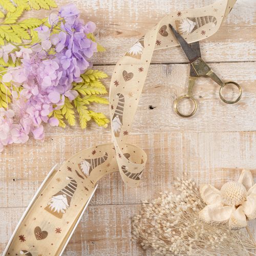 Ruban décoratif tissu beige motifs lutins et cœurs 40 mm x 15 m Noël intérieur | Floristik24.fr