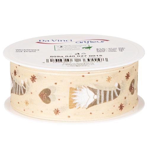 Ruban décoratif tissu beige motifs lutins et cœurs 40 mm x 15 m Noël intérieur | Floristik24.fr
