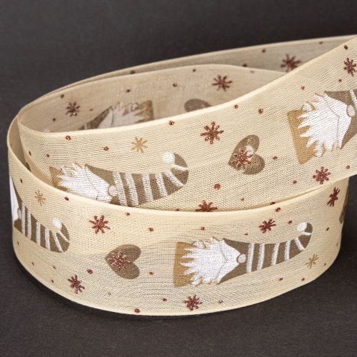 Ruban décoratif tissu beige motifs lutins et cœurs 40 mm x 15 m Noël intérieur | Floristik24.fr