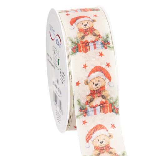 Ruban en tissu motif ours de Noël 40 mm x 15 m crème rouge vert