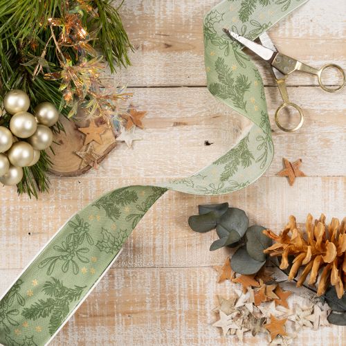 Ruban décoratif en polyester 40 mm 15 m avec motifs houx et gui verts | Floristik24.fr