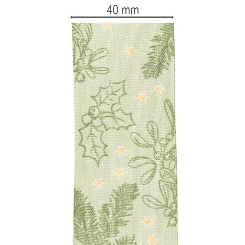Ruban décoratif en polyester 40 mm 15 m avec motifs houx et gui verts | Floristik24.fr