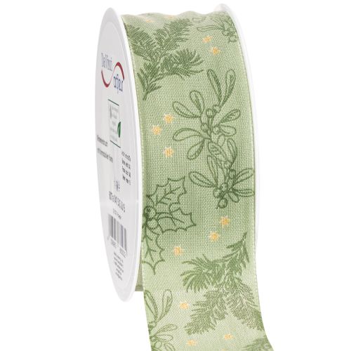 Ruban décoratif en polyester 40 mm 15 m avec motifs houx et gui verts