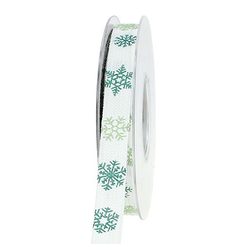 Floristik24 Ruban décoratif avec des flocons de neige blanc, vert 15mm 15m