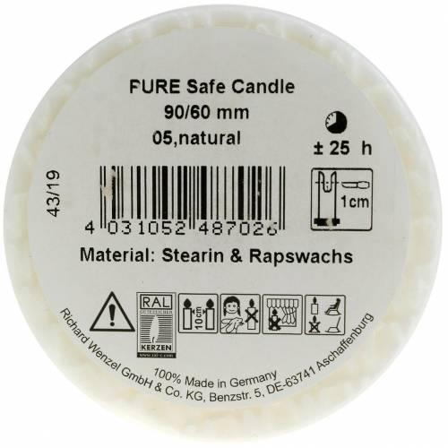 Article PURE Nature Safe Candle bougie pilier stéarine, cire de colza 90/60mm blanc 1 pc