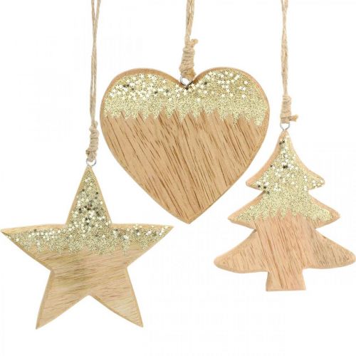 Article Décoration de Noël étoile / coeur / arbre, pendentif en bois, décoration de l&#39;Avent H10/12,5cm 3pcs