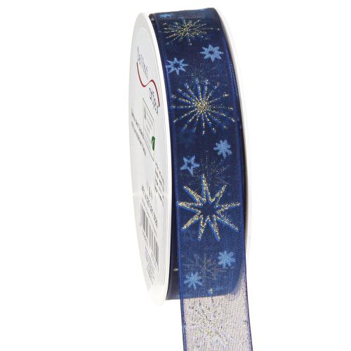 Floristik24 Ruban de Noël bleu avec étoiles dorées 25 mm 20 m