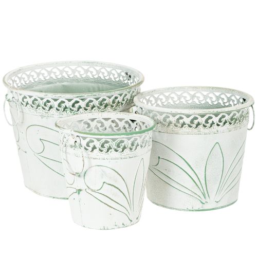 Floristik24 Pot de fleurs en métal gaufré avec poignées, blanc et vert, style shabby chic, H 22/19,5/17,5 cm, Ø 25,5/20,5/15,5 cm, lot de 3