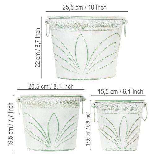 Article Pot de fleurs en métal gaufré avec poignées, blanc et vert, style shabby chic, H 22/19,5/17,5 cm, Ø 25,5/20,5/15,5 cm, lot de 3