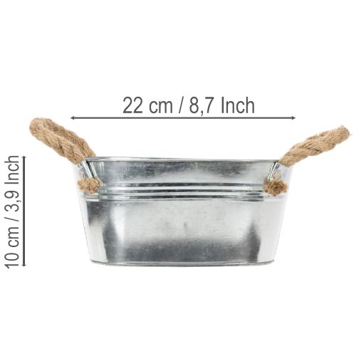 Bol en métal argenté avec anses en corde, hauteur 22 cm, hauteur 10 cm | Floristik24.fr