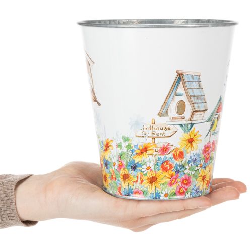 Article Pot en fer-blanc avec nichoirs, décoration estivale, jardinière H14,5 cm Ø13,5 cm