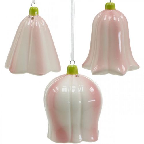 Floristik24 Cloche fleur à suspendre rose, céramique fleur crème H8,5cm 3pcs