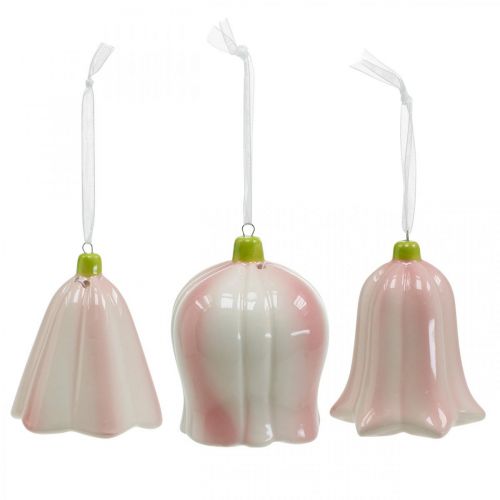 Floristik24 Cloche fleur à suspendre rose, céramique fleur crème H8,5cm 3pcs