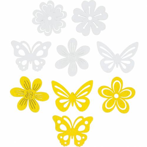Fleurs et papillons à saupoudrer de bois jaune, blanc décoration de printemps décoration de printemps 72pcs