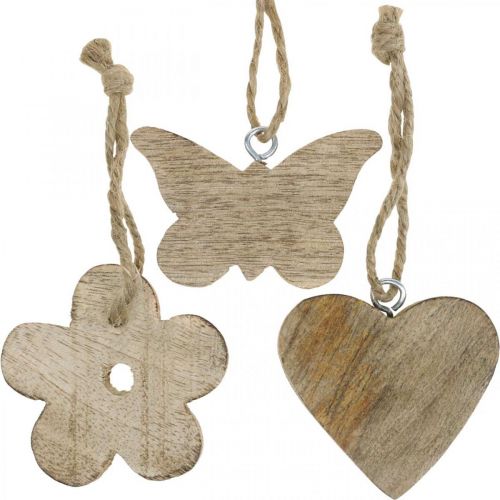 Floristik24 Pendentif en bois, coeur papillon fleur, décoration printanière naturel H5.5/4cm 12 pièces