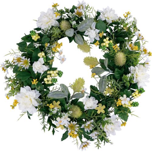 Article Couronne de porte décoration murale fleurs dahlias banksia blanc Ø35cm