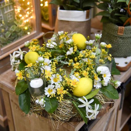 Article Couronne de fleurs aux anémones en bois blanc, jaune Ø30cm