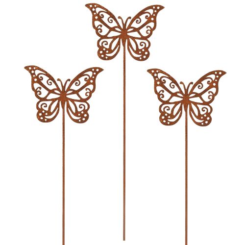 Article Tuteurs à fleurs en métal, aspect rouille, décor papillon, 10 × 7 cm, lot de 3