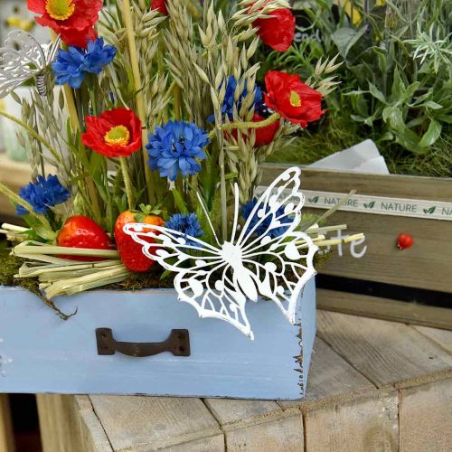 Bouchon fleur papillon, décoration jardin métal, bouchon plante shabby chic blanc, argent L51cm 3pcs
