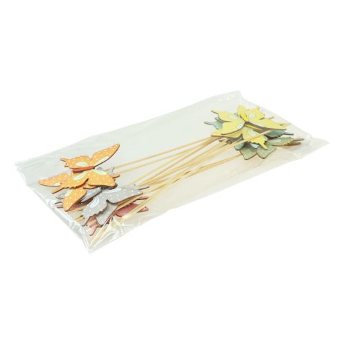 Article Bâtonnet de fleur papillon en bois avec plume 8x7cm 12 pcs