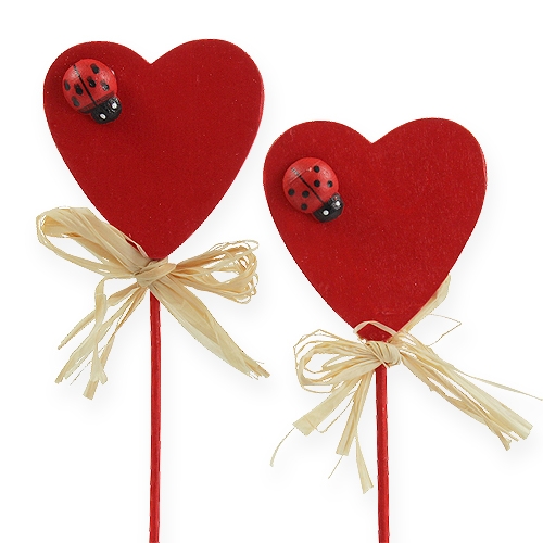 Floristik24 Coeur en bois sur un bâton rouge 4,5cm 24pcs