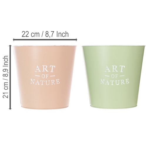 Lot de 2 cache-pots ronds en acier galvanisé 22 cm, vert et rose pastel | Floristik24.fr