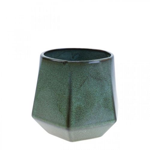 Pot de fleur jardinière céramique vert hexagonal Ø10cm H9cm