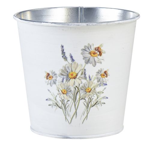 Pot de fleurs jardinière métal fleurs blanches 12,5cm H11,5cm