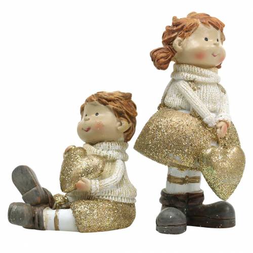Article Figurines décoratives petit frère et soeur or, paillettes 10 / 6,5cm lot de 2