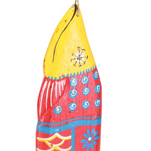 Article Décoration de poisson en bois coloré à suspendre rouge bleu assorti 38 cm 2 pièces