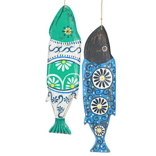 Décoration en bois poisson coloré à suspendre bleu et vert 38cm 2 pièces