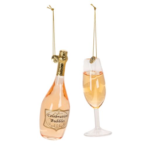 Set de suspensions de Noël en verre - Bouteille et flûte de champagne, 14cm, couleur dorée