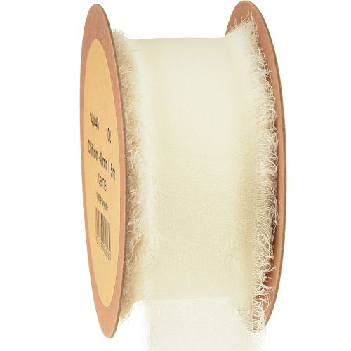 Floristik24 Ruban en mousseline de soie crème avec franges 40 mm 15 m