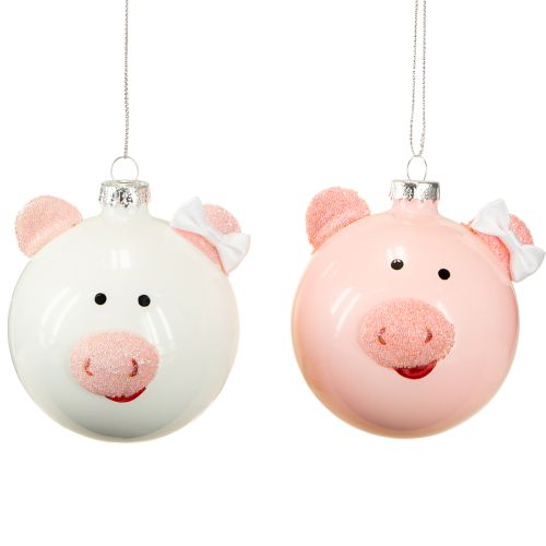 Article Boule de Noël cochon rose blanc boule en verre Ø8cm 2pcs