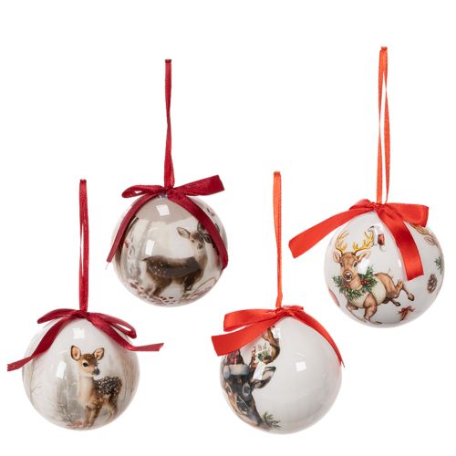 Boules de Noël en plastique avec motifs cerfs et rubans rouges 7 cm set de 4 acheter | Floristik24.fr