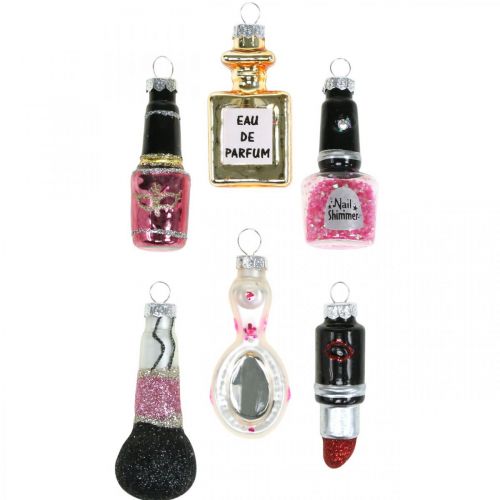 Décoration de sapin de Noël Beauty &amp; Glamour, pendentif en verre mélange cosmétique H5,5–7cm verre véritable 6pcs