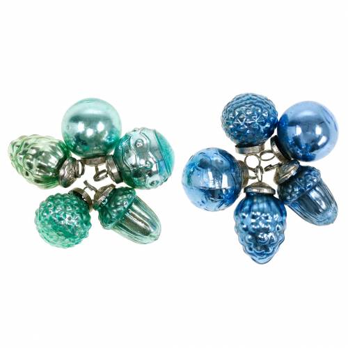 Floristik24 Mini mélange de décorations d&#39;arbre fruits d&#39;automne et boules bleu/vert, argent véritable verre 3,4–4,4cm 10pcs