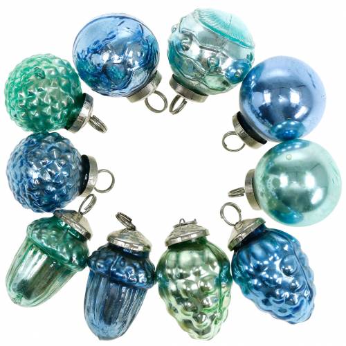 Floristik24 Mini mélange de décorations d&#39;arbre fruits d&#39;automne et boules bleu/vert, argent véritable verre 3,4–4,4cm 10pcs