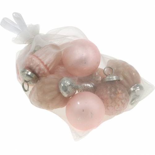 Floristik24 Mini décorations d&#39;arbre fruits d&#39;automne et boules rose, argent véritable verre 3.4–4.4cm 10pcs