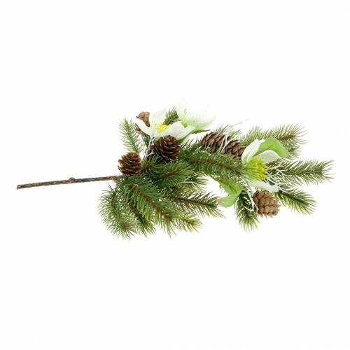 Article Branche de sapin artificielle avec roses de Noël et cônes L36cm