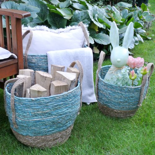 Floristik24 Panier en rotin nature/bleu Ø40/32/26cm 3pcs