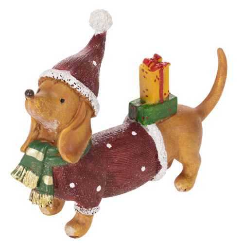 Figurine décorative teckel en polyresine avec manteau, bonnet et cadeau 18 cm acheter | Floristik24.fr
