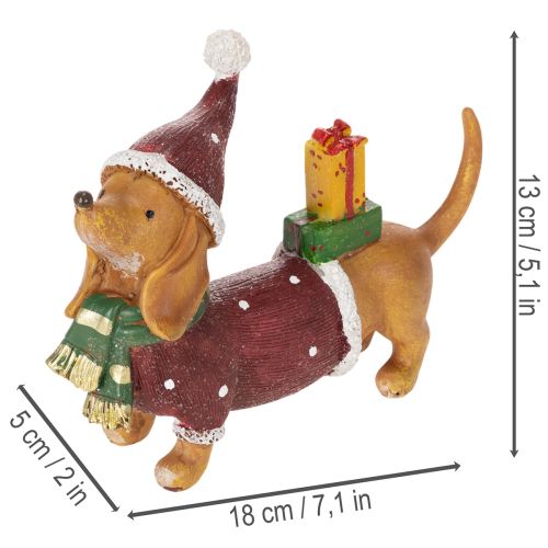 Figurine décorative teckel en polyresine avec manteau, bonnet et cadeau 18 cm | Floristik24.fr